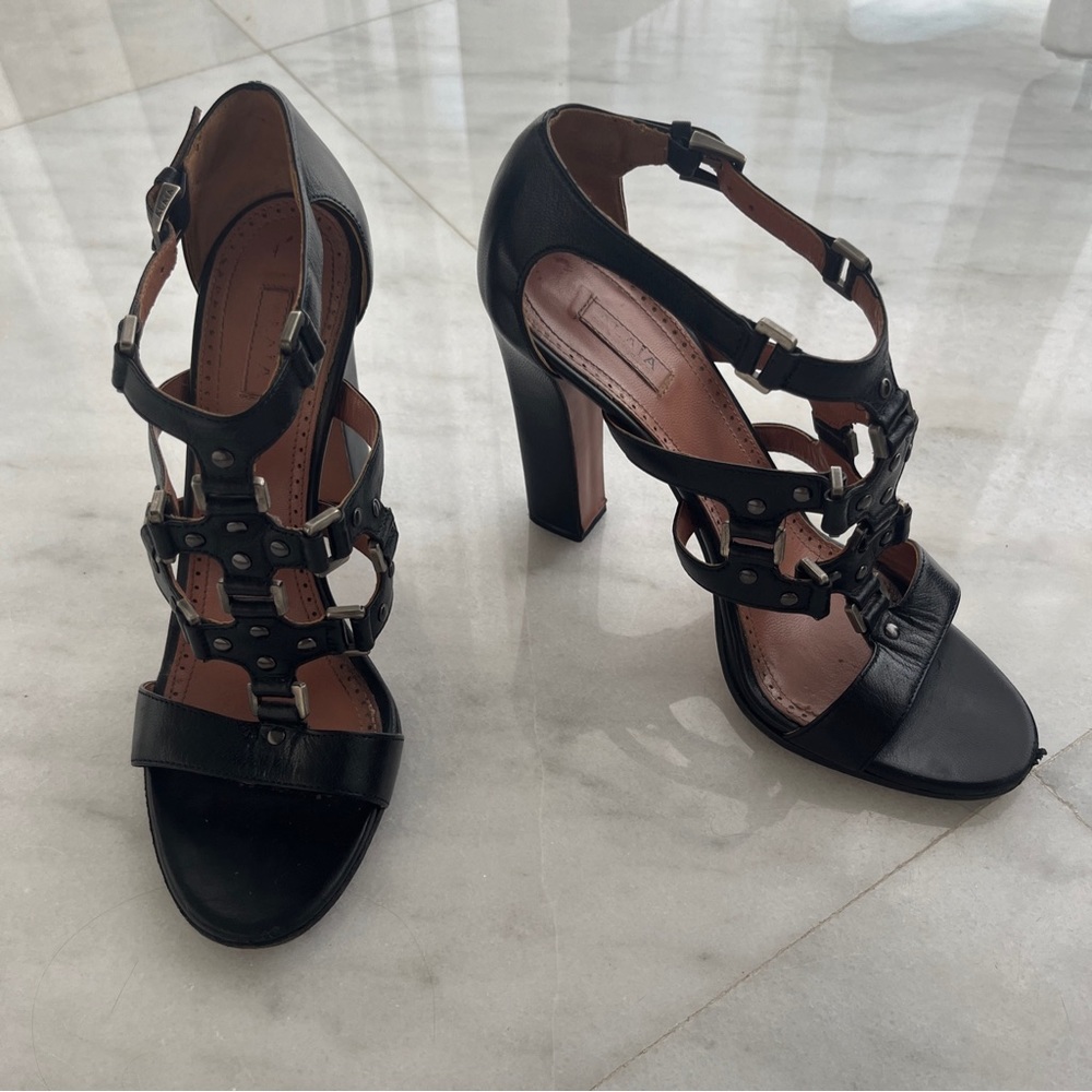Black leather Alaia T Strap Buckle Gladiator Open Toe Sandals Heels Shoes 38.5
